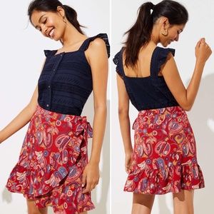 LOFT Red Floral Paisley Ruffle Wrap Skirt 8 NWT